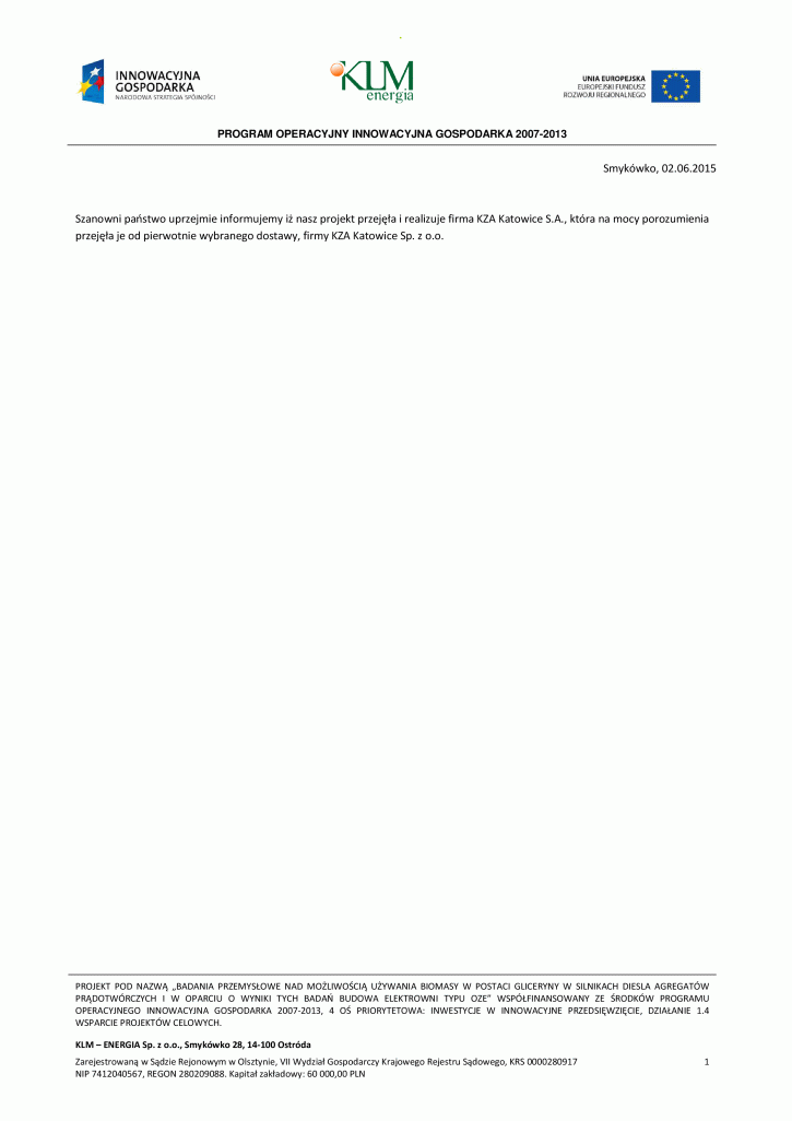 Suplement do informacji o wyborze dostawcy nr 1