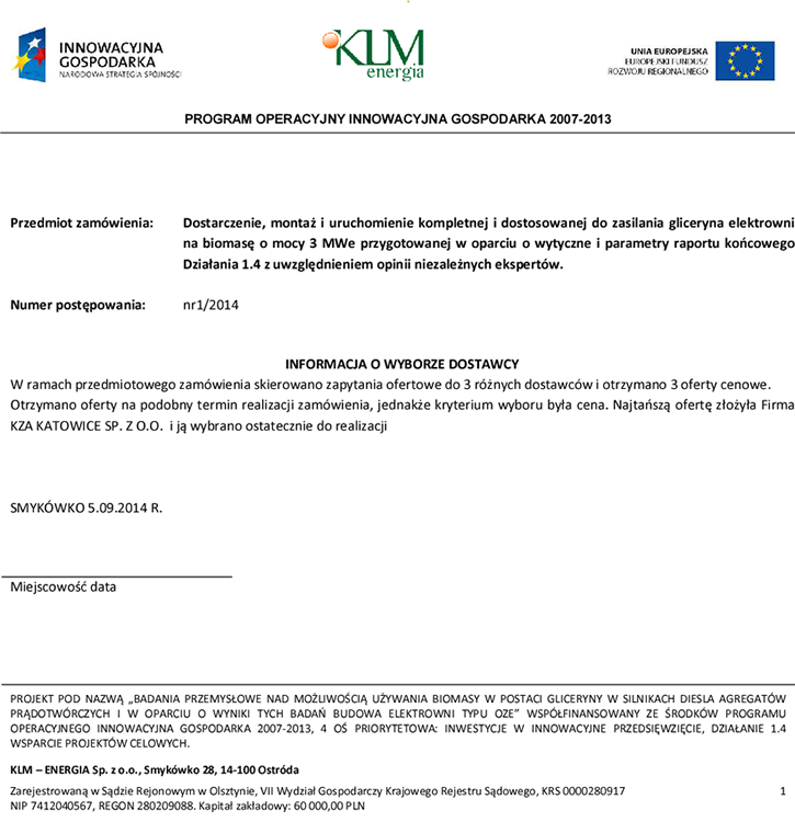 Informacja o wyborze dostawcy nr 1